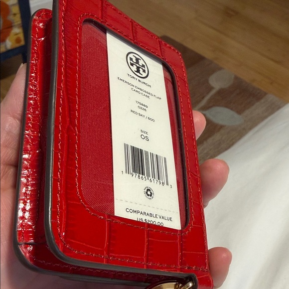 Tory Burch Red Croc-Embossed Key & Card Holder with Gold Hardware - Picture 7 of 9